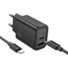 HOCO GaN charger lādētājs N61 USB A QC3.0 3A+Type C PD 20W (+type C to type C cable) black