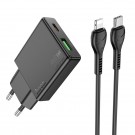 HOCO N38 slim charger USB A+ USB C with Type C to Lightning cable PD QC3.0 0.3A 20W black
